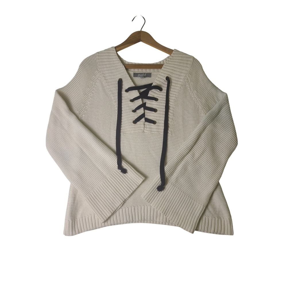 Marled Sweater Wm S White Lace Up V-Neck Bell Sleeve 100% Cotton Fall Minimalist